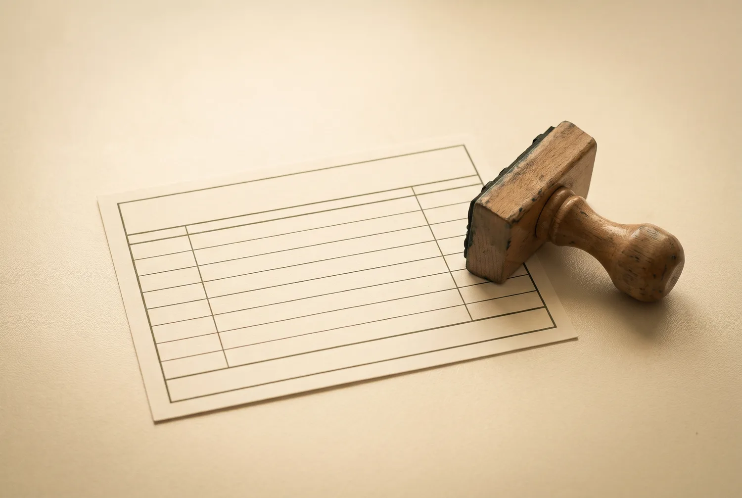Illustration of a duplicate work-order ticket at rest on a desk, with a wooden-handled stamp resting beside it
